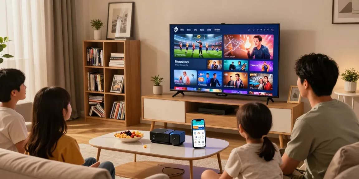 Family enjoying Iron TV Pro's HD streaming in a cozy living room.