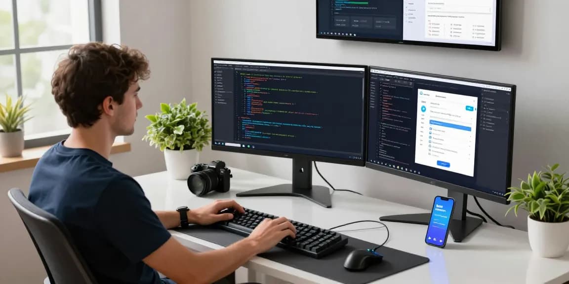 Professional developer workspace showcasing 纸飞机中文版官网 code on multiple monitors, capturing tech innovation.