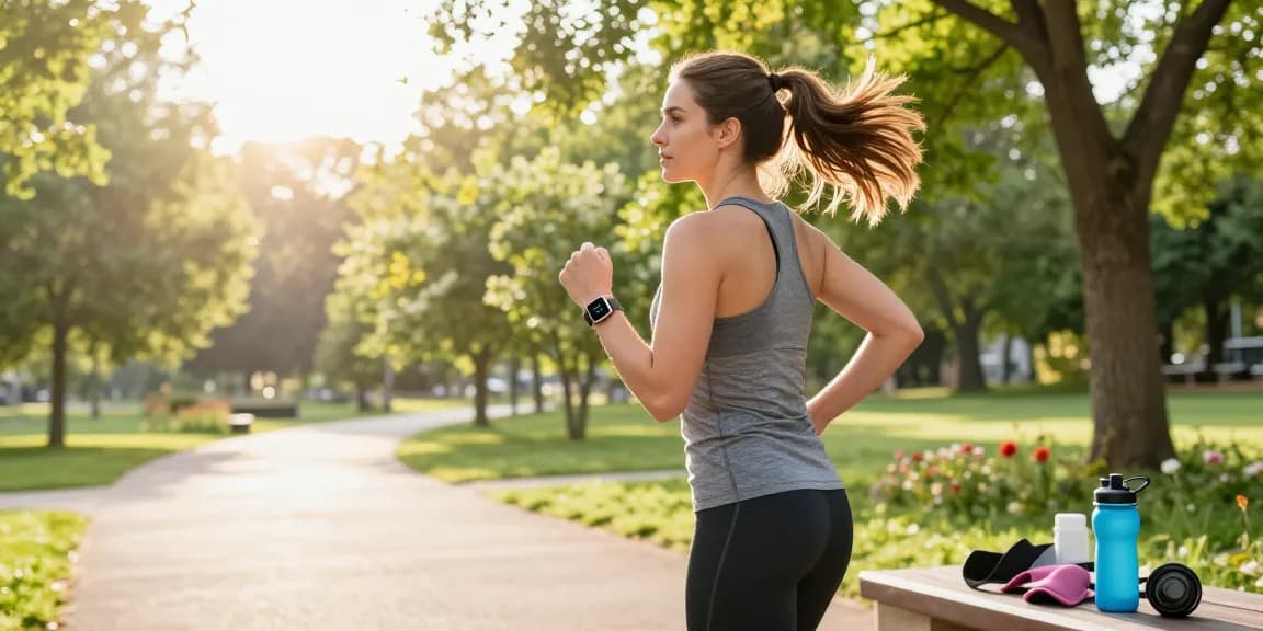 Wanita berlari menggunakan smartwatch https://www.polarfitbitshop.com/fitbit-luxe/ di taman yang cerah, menunjukkan gaya hidup sehat.