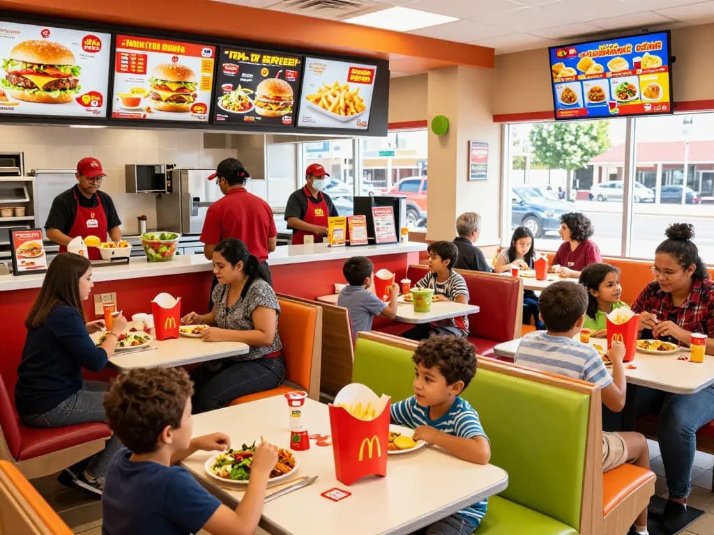 Families enjoying meals at a fast food restaurant, highlighting affordable fast food prices in 2026.