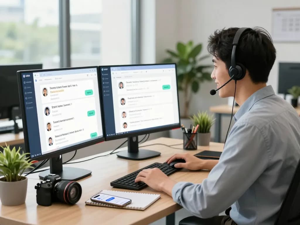 客户服务代表在现代工作空间中使用易翻译与多语言客户互动。