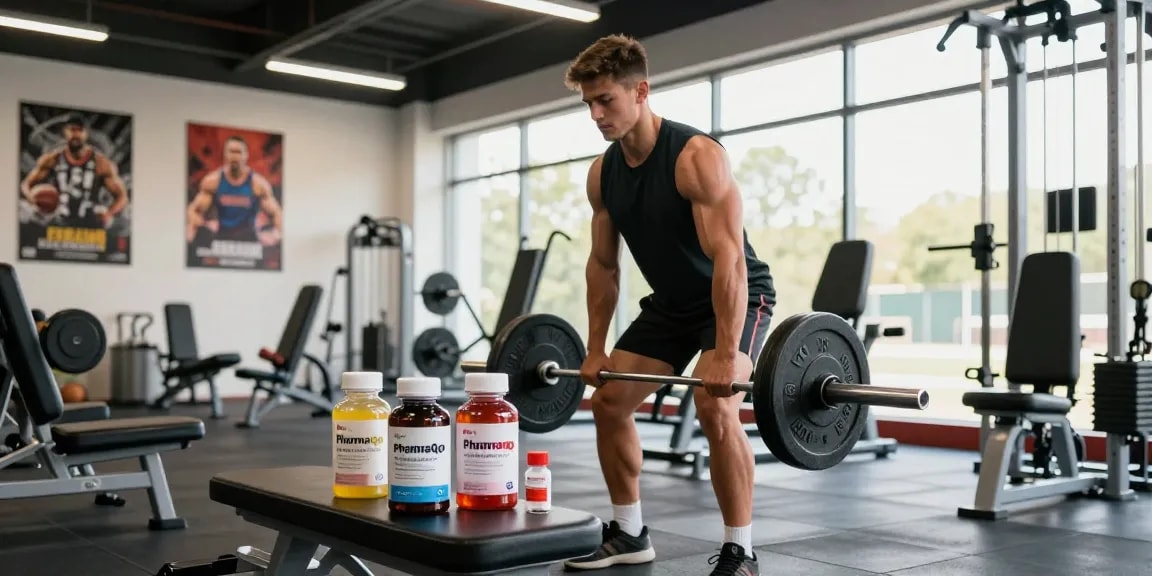 Powerful athlete preparing for a lift surrounded by Pharmaqo Shop products in a vibrant gym.
