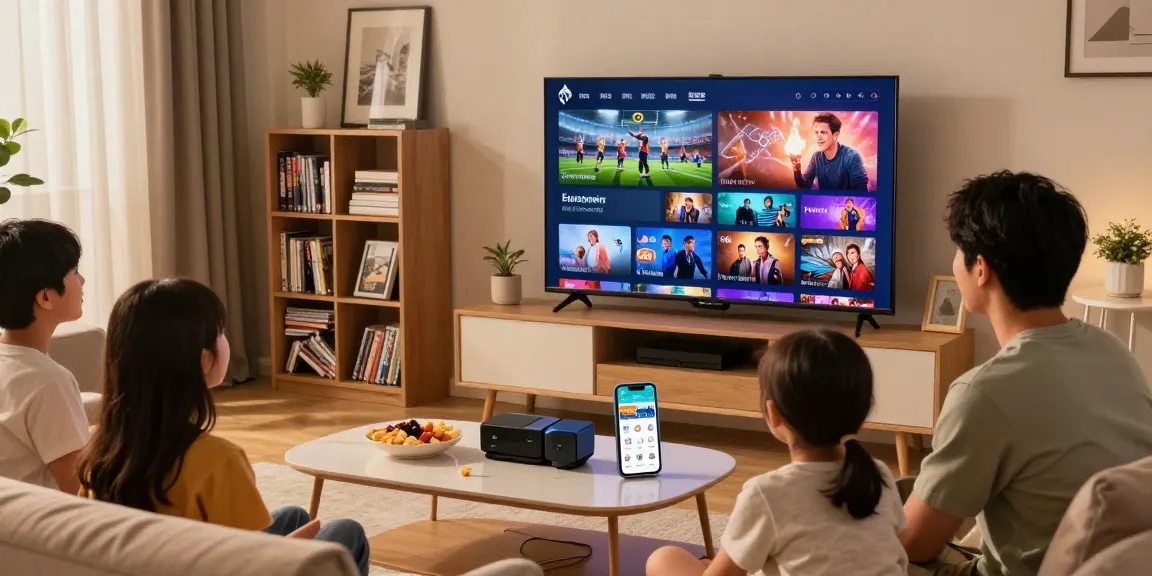 Family enjoying Iron TV Pro's HD streaming in a cozy living room.