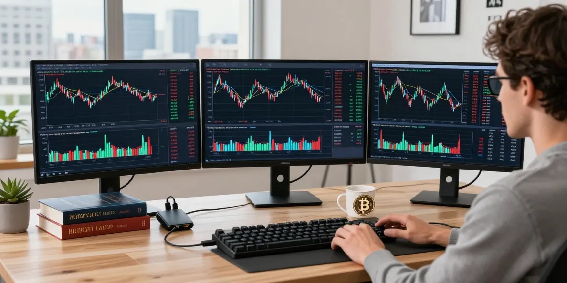 Engaging workspace depicting passive bitcoin mining strategies with cryptocurrency charts, digital wallets, and innovative trading tools.
