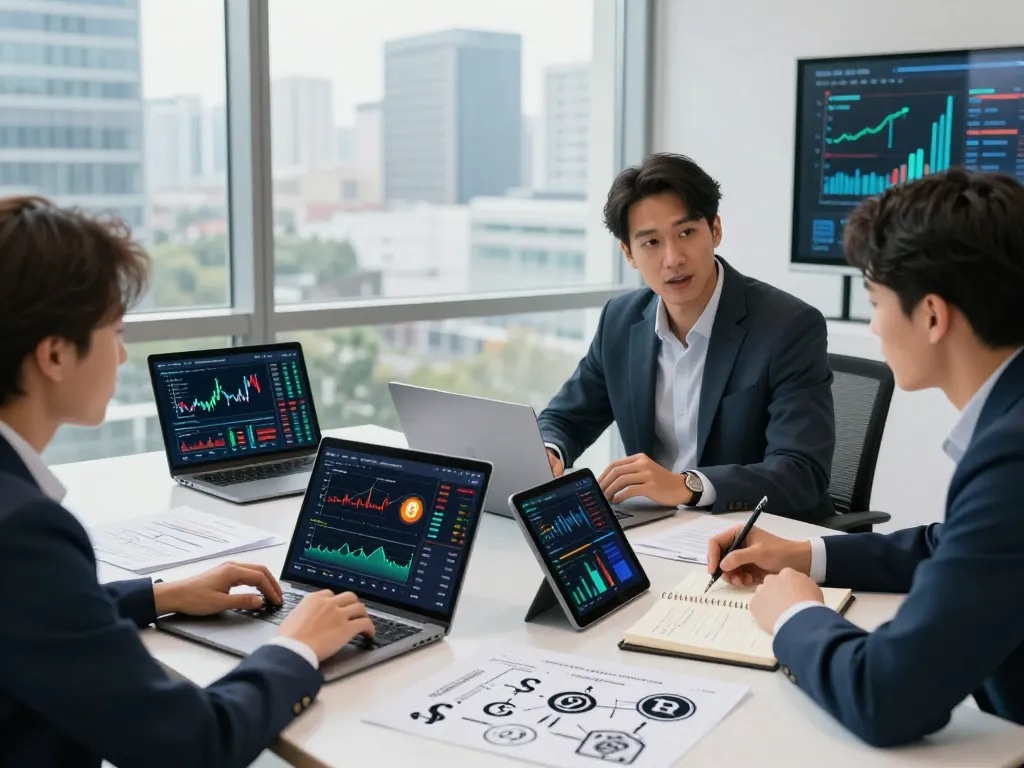 Team discussing crypto earning platform strategies with laptops and charts.