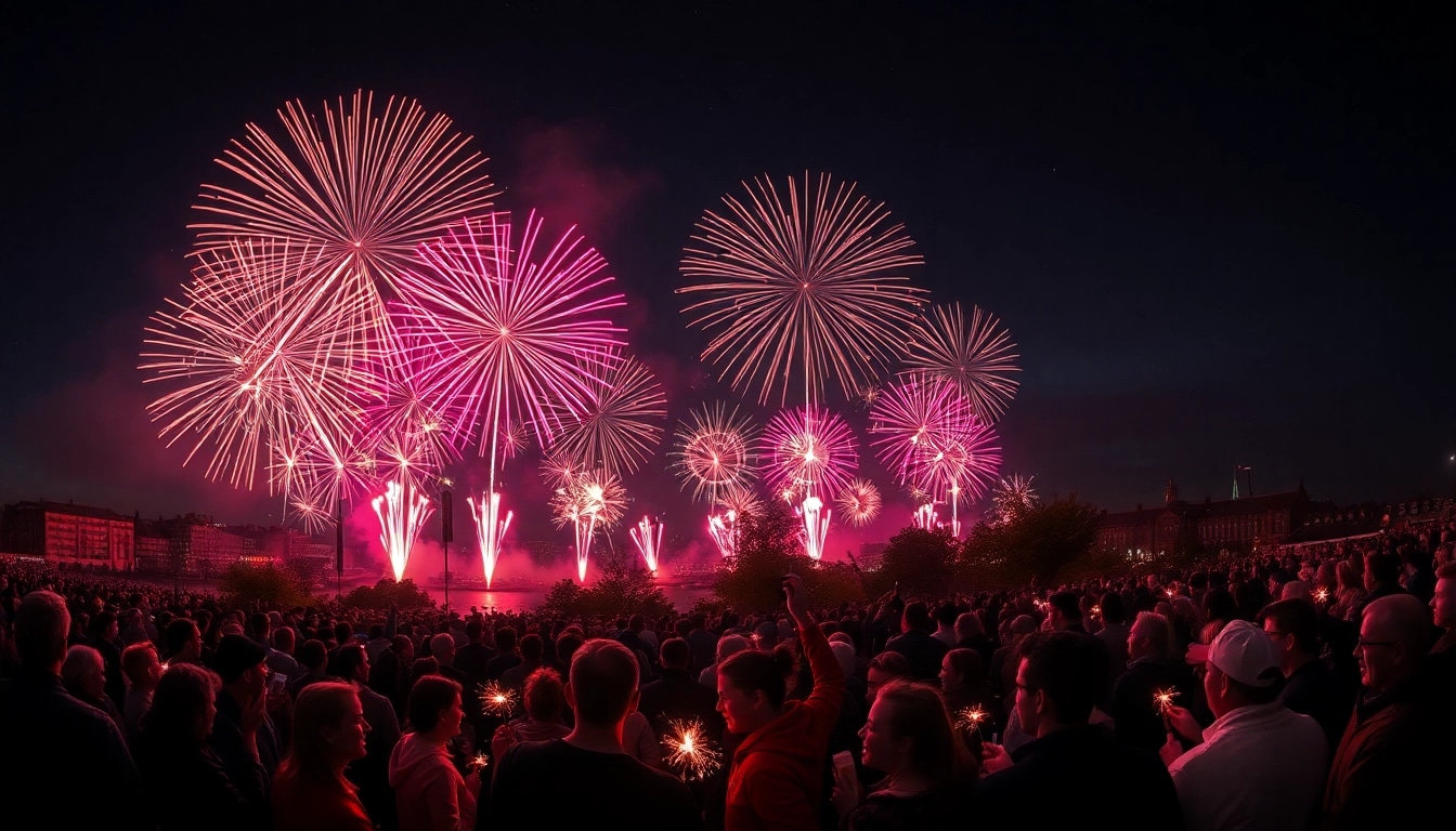 Witness the dazzling manchester fireworks illuminating the night sky, enjoyed by a vibrant crowd.