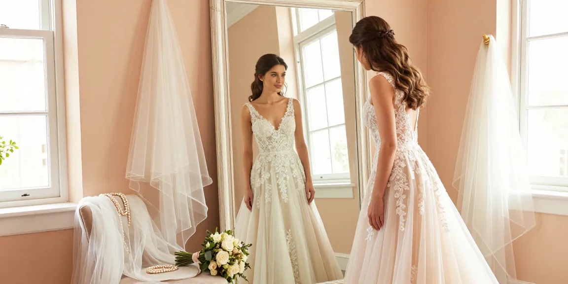 Consulenza di bridal styling, sposa che prova un abito raffinato davanti allo specchio.