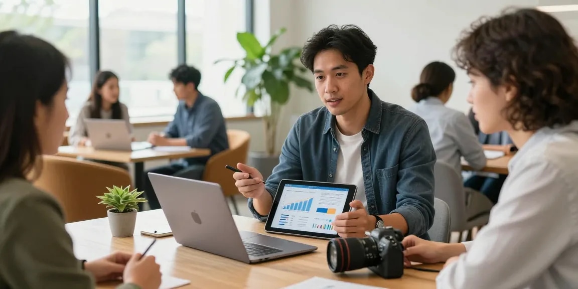 Strength up your portfolio presentation in a vibrant coworking space.
