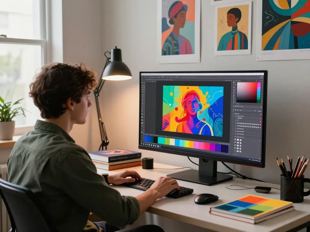 AI-Generated Images showcased by a graphic designer in a modern digital art studio.