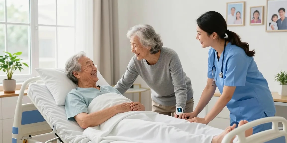 Electric nursing bed recommendation: caregiver adjusting the bed for an elderly person in a bright home healthcare setting.