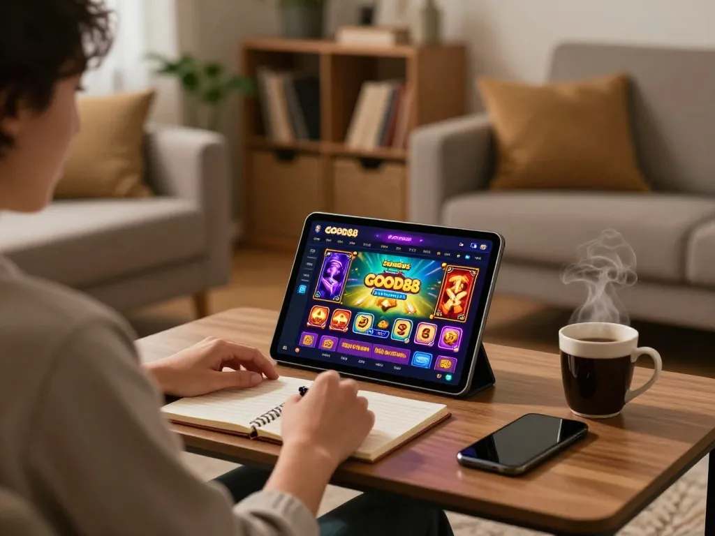 Engaging online gaming with GOOD88 app on tablet in cozy home setting.