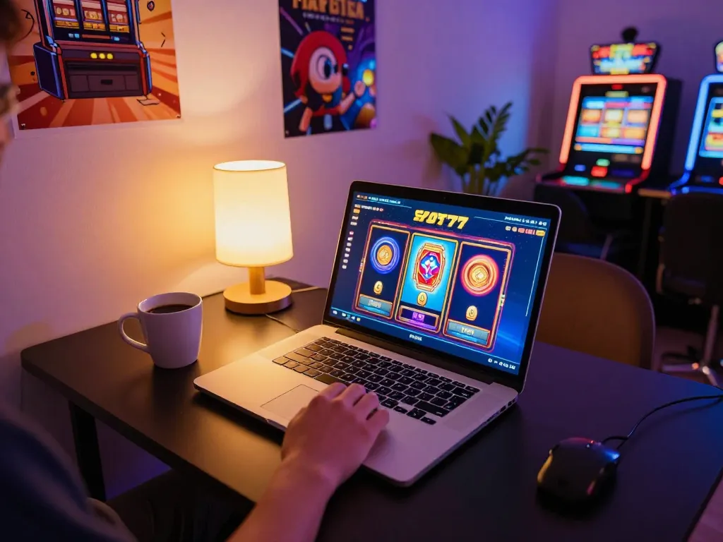Engaging online slot77 gameplay at cozy home setup, showcasing vibrant slot machine interface and player interaction