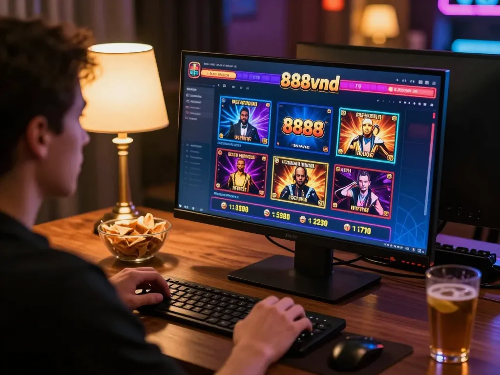 Player engaging with 888vnd casino games on a laptop at home, reflecting strategic decisions and focused gameplay