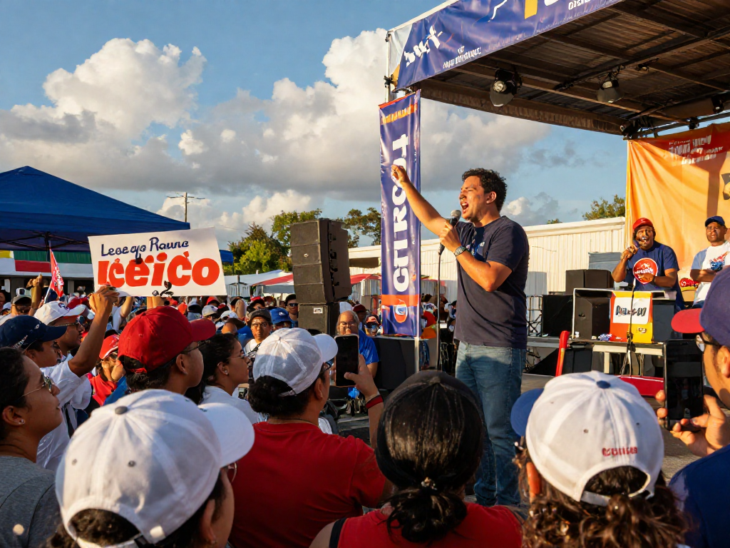 Engaging political rally scene emphasizing digital fundraising for campaigns, candidate energizing the crowd.