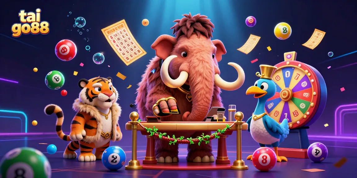Play enchanting tai go88 as a woolly mammoth checks IDs while lottery balls bounce in a vibrant casino scene.