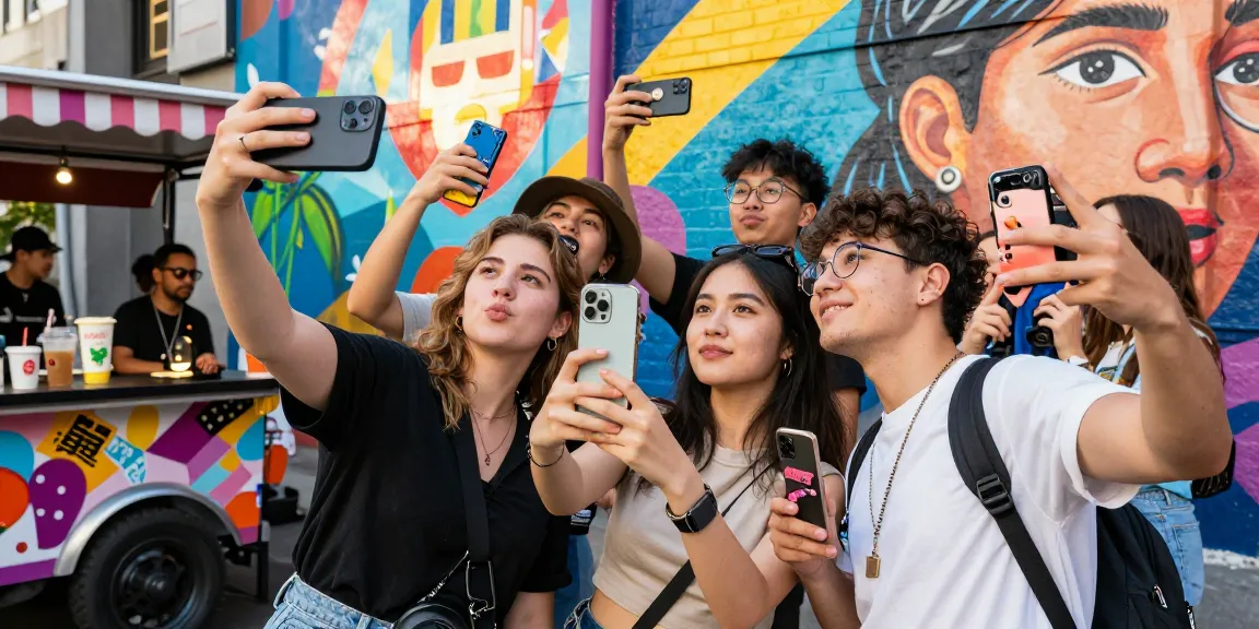 People taking selfies to find their celebrity look alike against a colorful urban backdrop.
