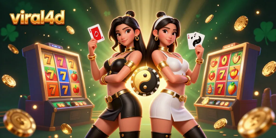 Experience the excitement of viral4d with twin women holding cards and casino elements in action.
