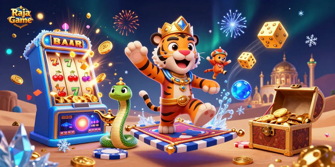 Engage in thrilling Raja Game experiences with a vibrant, magical illustration of a tiger sultan and exciting casino elements.