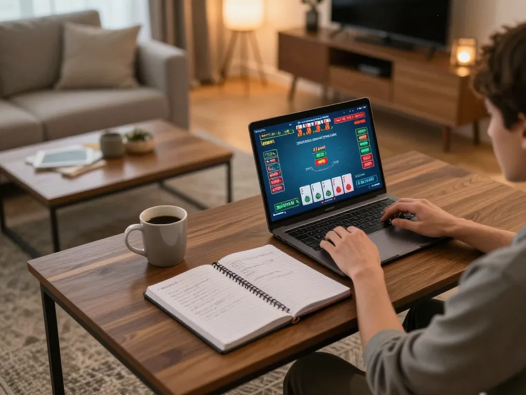 Engaging with online casinos Canada through laptop gaming, showcasing strategy notes and relaxed atmosphere