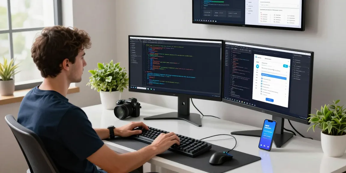 Professional developer workspace showcasing 纸飞机中文版官网 code on multiple monitors, capturing tech innovation.