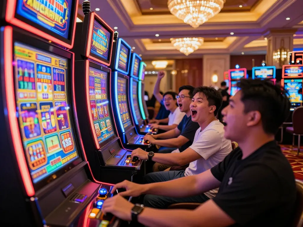 Players engaging with colorful slot machines at a busy casino highlighting situs slot gacor excitement.