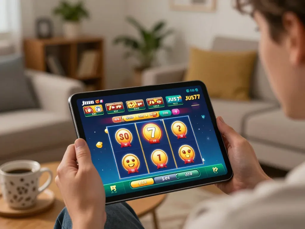 Exciting Jus77 gameplay shown on tablet in warm home setting with vibrant slot graphics