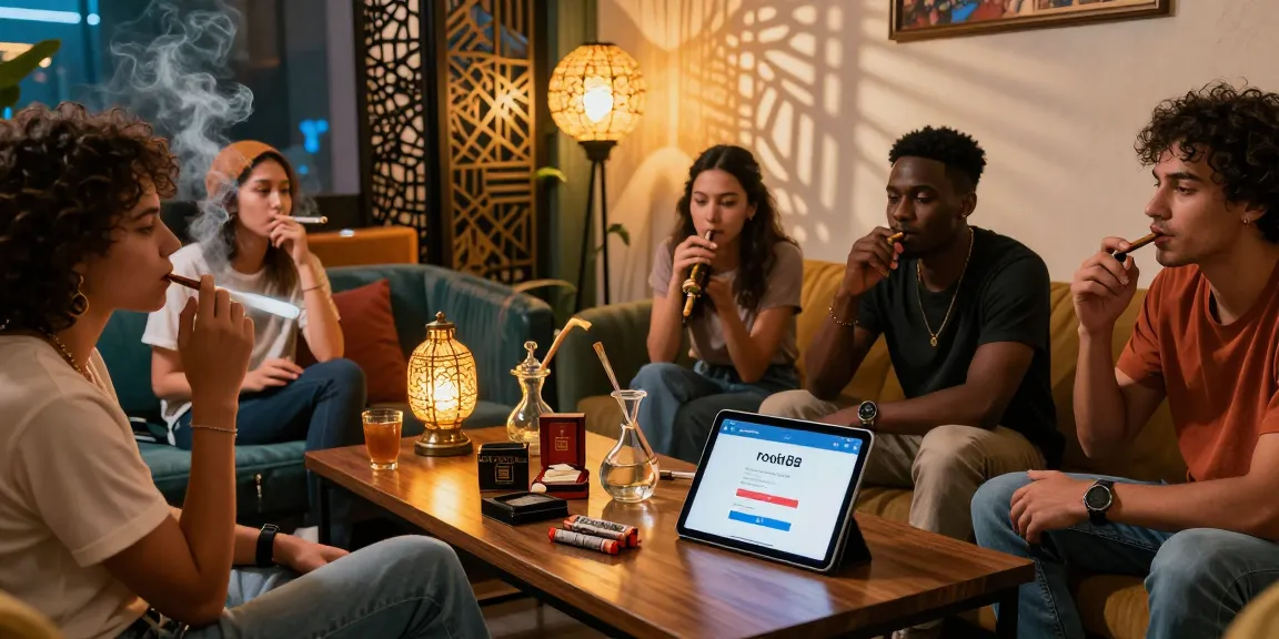 Friends engaging in a casual discussion about rokok88 login in a cozy smoking lounge with stylish decor.