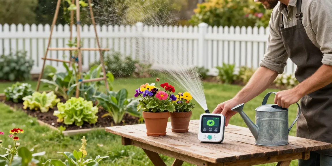 Gardener using the RainPoint WiFi water timer in a vibrant garden, optimizing plant watering.