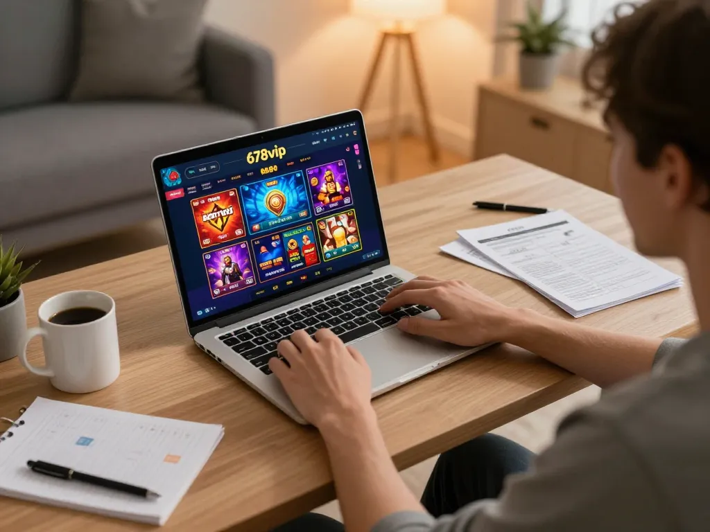 Person strategically playing at 678vip online casino, surrounded by gaming notes and vibrant game interface