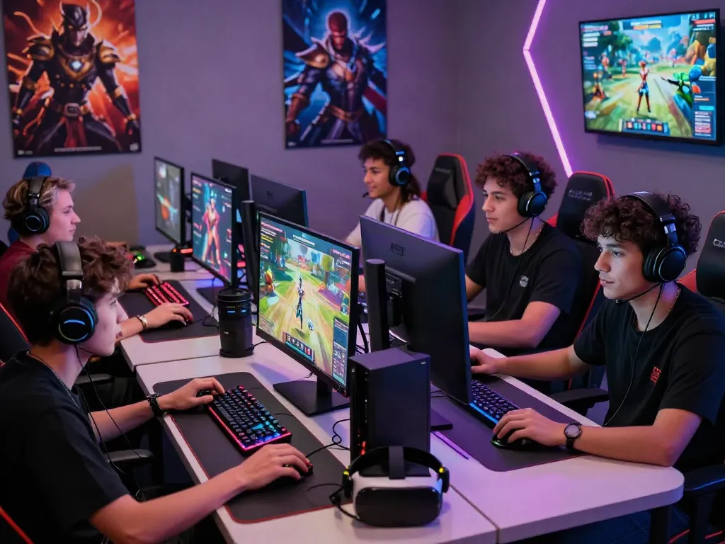Gamers enjoying luxury333 in a high-tech gaming setup, showcasing vibrant gameplay and advanced gaming equipment.