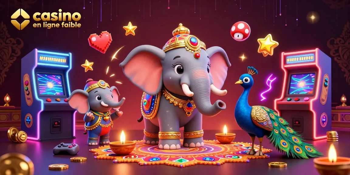 Découvrez le casino en ligne fiable avec un éléphant en décoration dorée illuminé par des éléments de jeu dynamiques.
