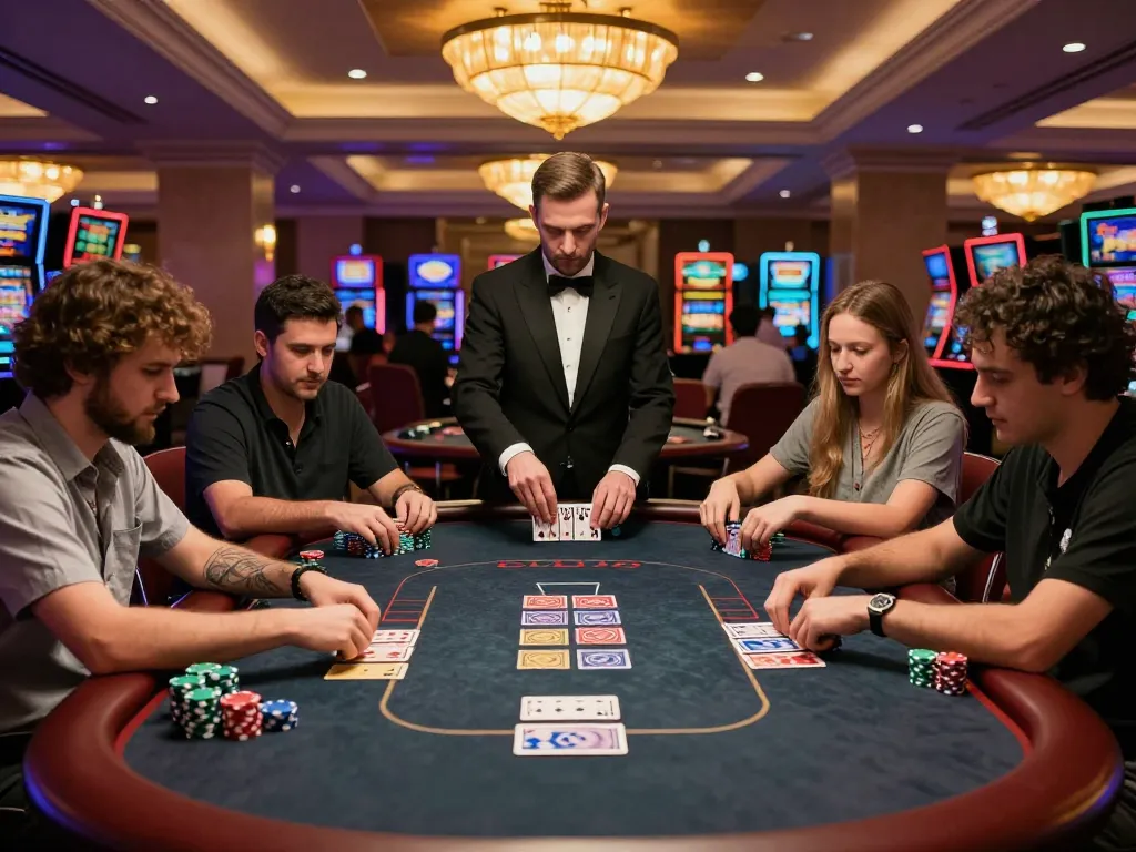 iWin players engaged in intense poker game strategy at casino table with vibrant atmosphere