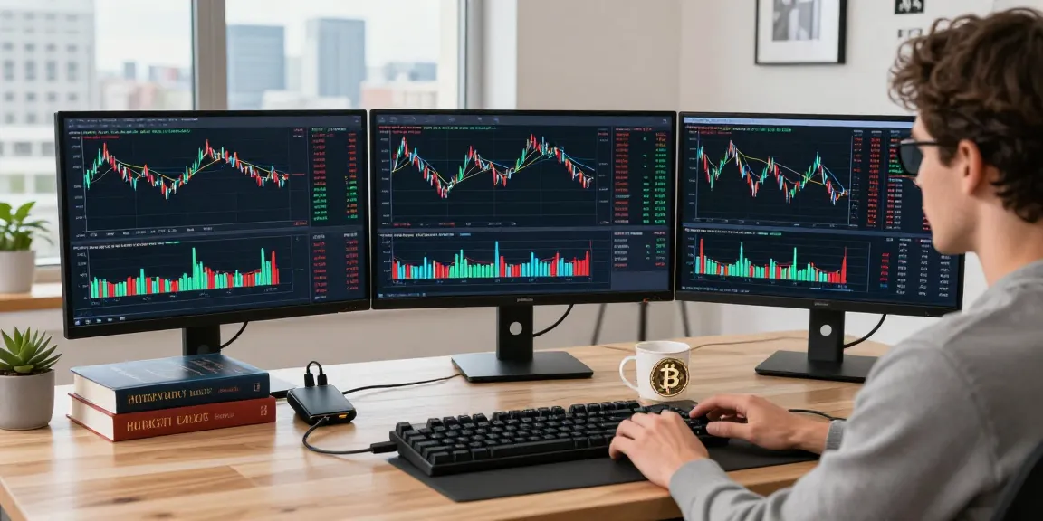 Engaging workspace depicting passive bitcoin mining strategies with cryptocurrency charts, digital wallets, and innovative trading tools.