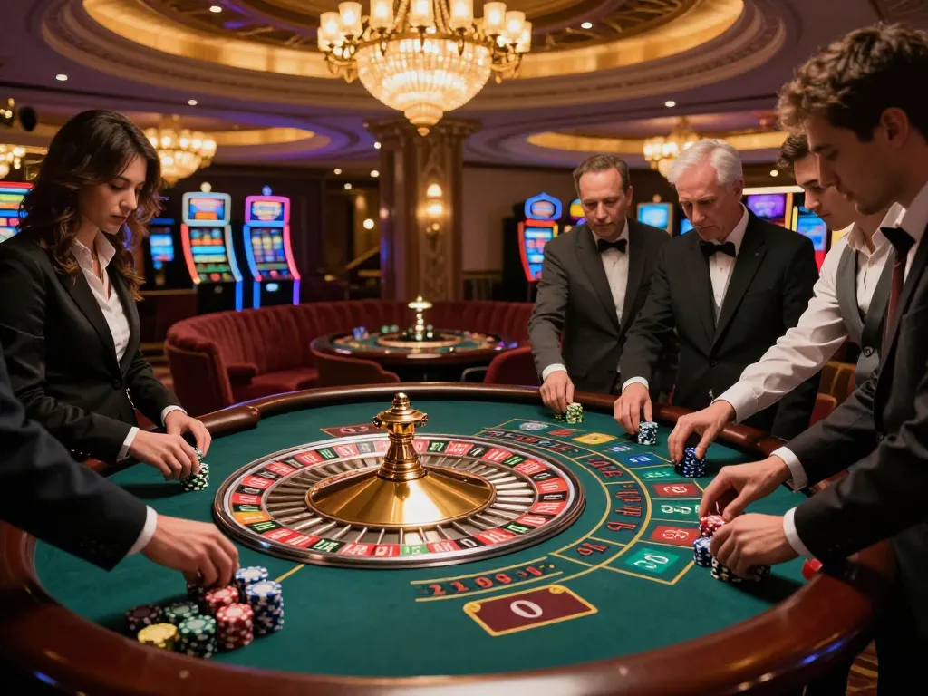 Onbet players placing bets at a luxurious roulette table in an upscale casino setting