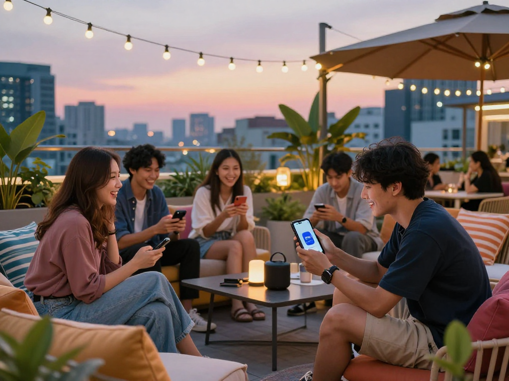 Young friends engaging with rokok88 super app features in a vibrant urban rooftop setting.