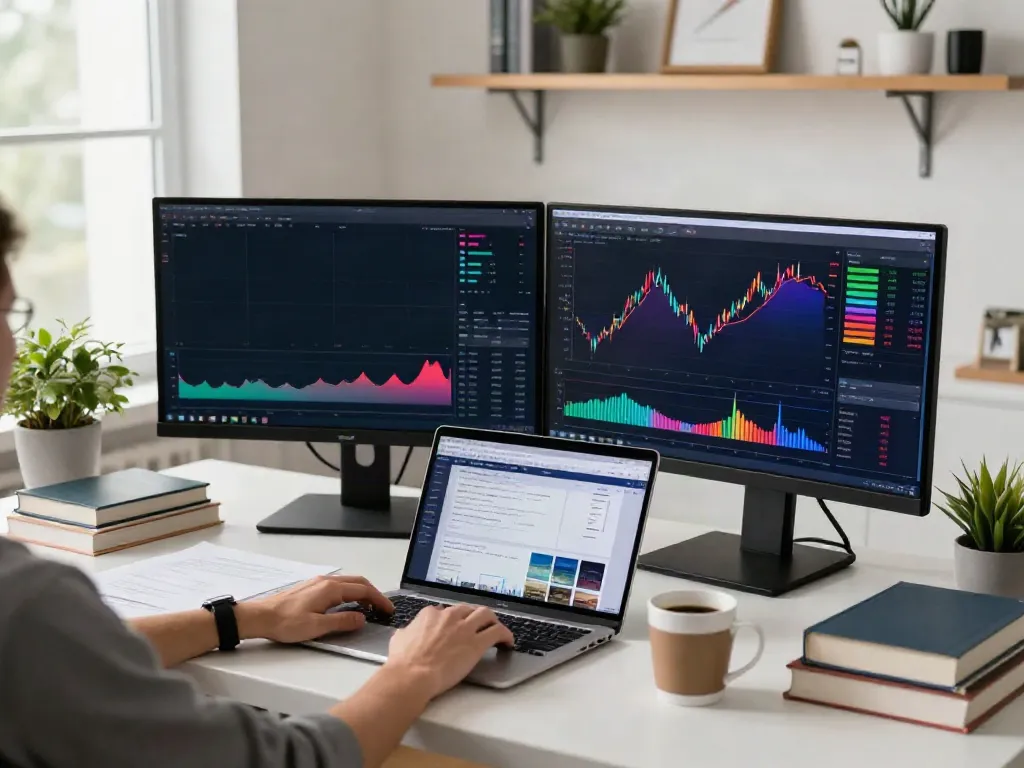 Trader using TradingView on dual monitors in a bright home office setup