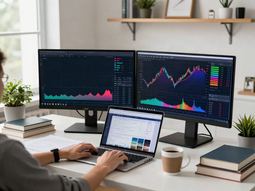 Trader using TradingView on dual monitors in a bright home office setup