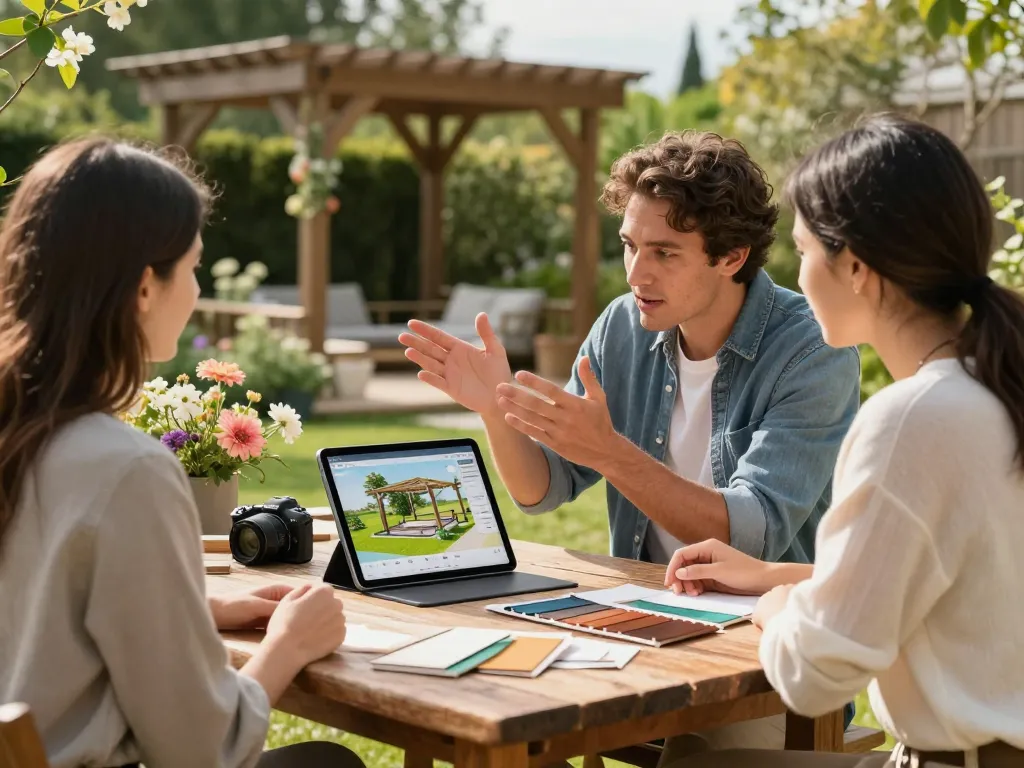 Interactive 3D Pergola Configurator in use by a designer and client outdoors, showcasing vibrant garden elements and customization options.