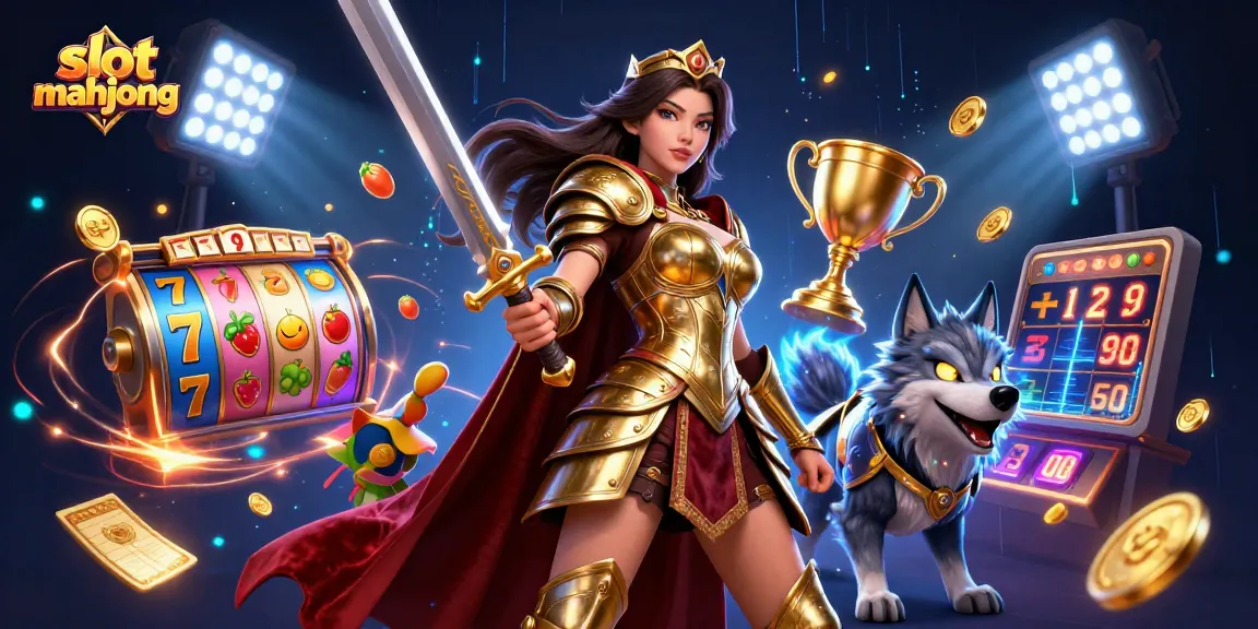 Engage with slot mahjong gameplay featuring a warrior queen and dynamic elements like spinning reels.