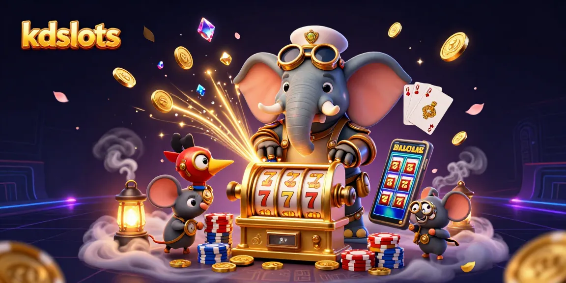 KDSlots brings excitement with a vibrant 3D illustration of steampunk characters at a golden slot machine.