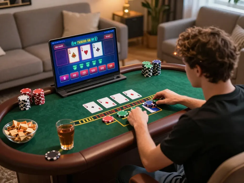 Player engaging with online blackjack at 888top in a cozy home setting, emphasizing casual gaming