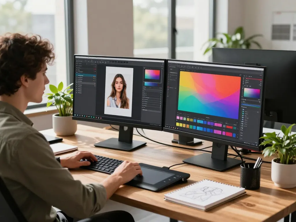 Image to prompt generator showcased on dual screens in a modern workspace with design tools.