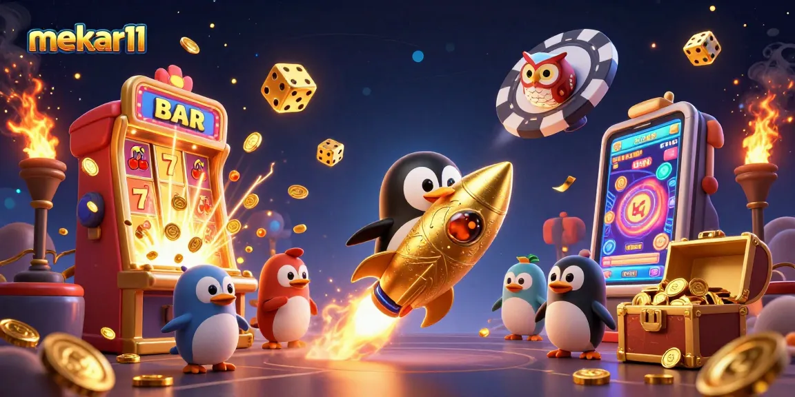 Mekar11 showcases a thrilling casino environment with golden penguins, slot machines, and dazzling elements.