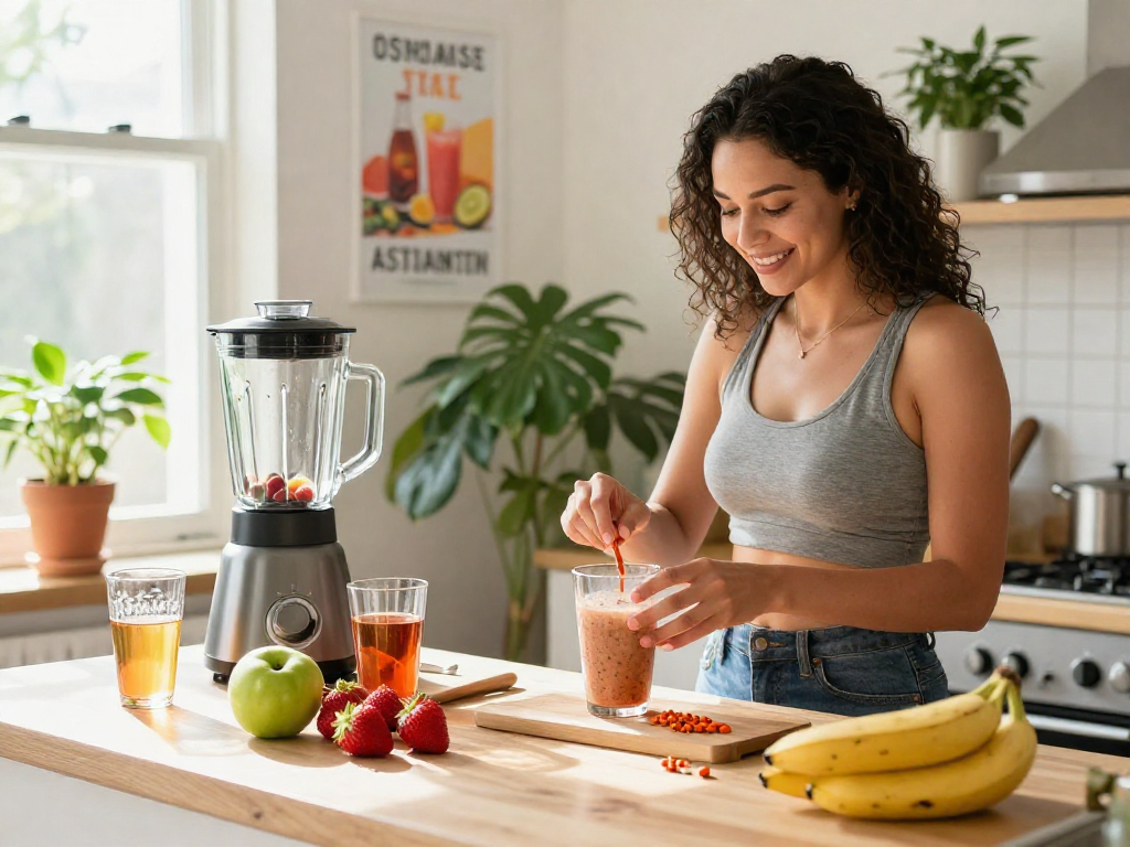 Naturally vibrant kitchen scene featuring natural astaxanthin smoothie preparation with fresh fruits.