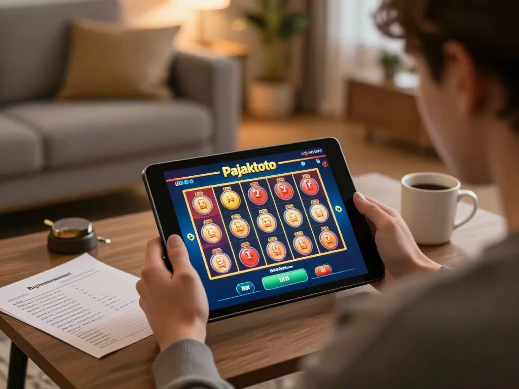 Engaging pajaktoto slot gameplay on a tablet in a cozy home setting focuses on responsible gaming.