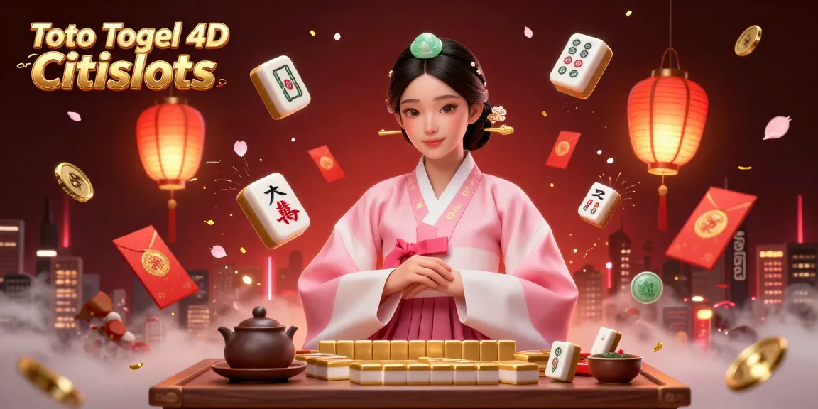 Toto Togel 4D Citislots showcases a serene Asian woman in a traditional hanbok with floating mahjong tiles and vibrant decorations.