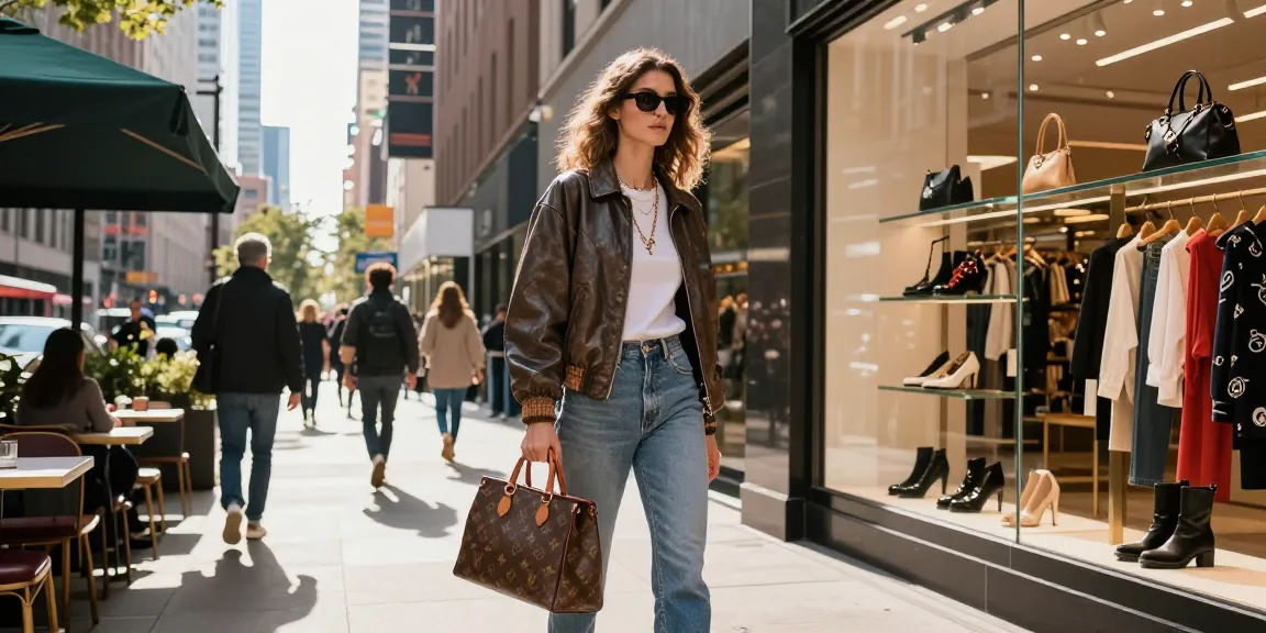 Stylish shopper with 레플리카 handbag in urban e-commerce setting