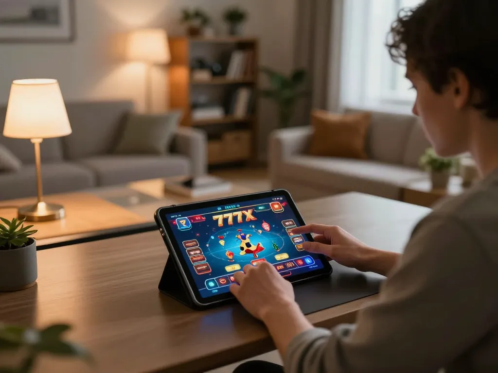 Engaging in 777x online betting with vibrant graphics on tablet in cozy home setting