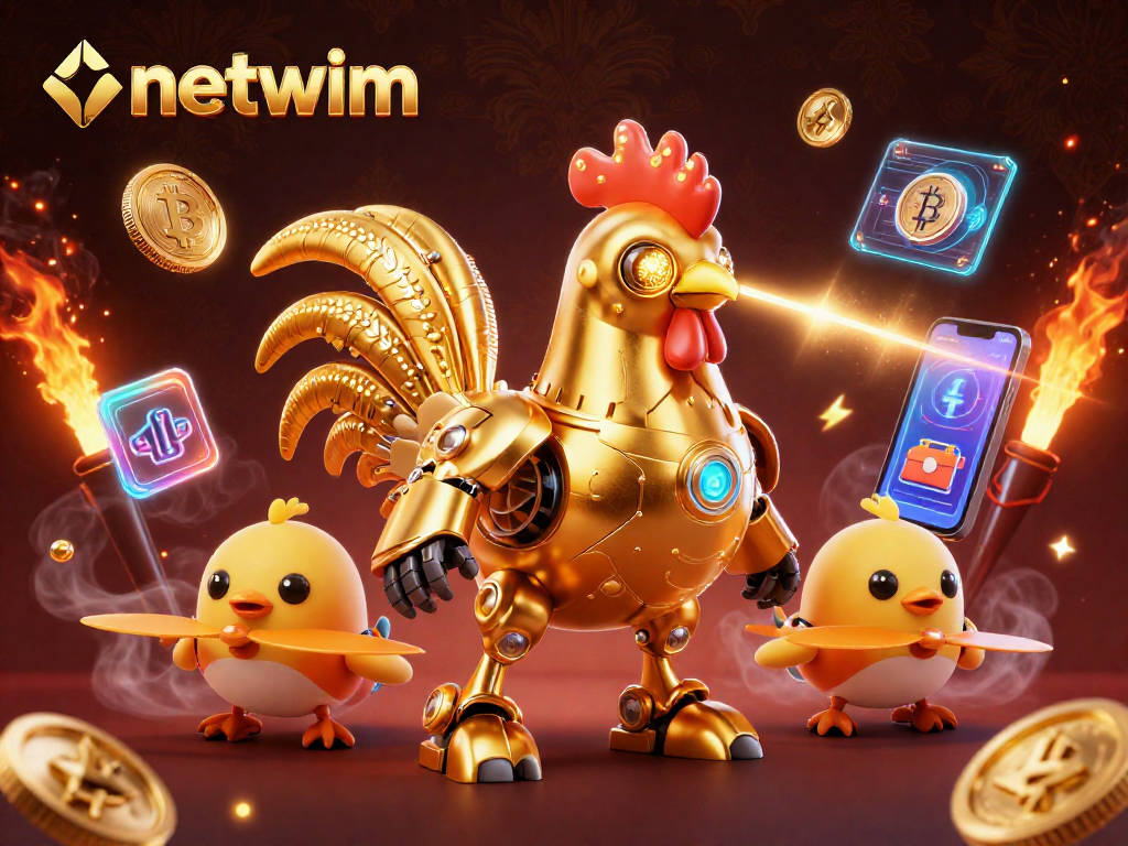 Experience netwim's vibrant crypto casino scene with a retro golden rooster robot and baby chick drones.