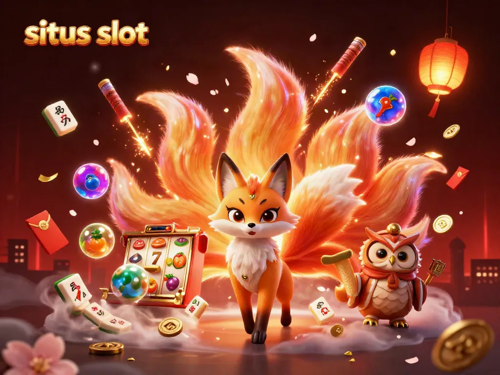 Ilustrasi 3D situs slot menampilkan fox ekor sembilan bersinar dan simbol permainan yang menarik.
